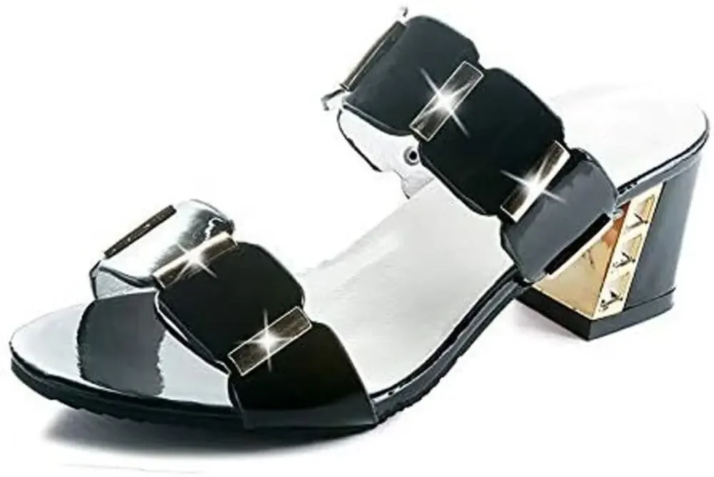 BRAND NEW ~ Women's Black & Gold Chunky Heel Slides Dressy Shoes ~ Size 5 (35)